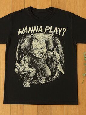 Chucky Wanna Play Horror Graphic T-Shirt Black Creepy Halloween Tee
